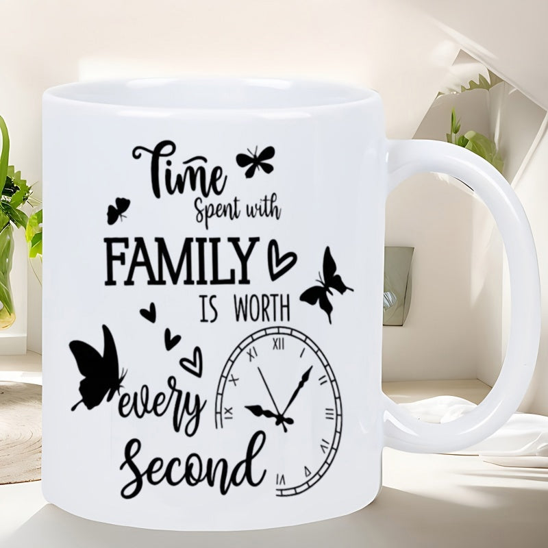 Tailorly White Ceramic 11 oz Mug - Time Spent With Family Is Worth Every Second Black Minimalist Butterflies Flying Near A Vintage Roman Numeral Dial Clock