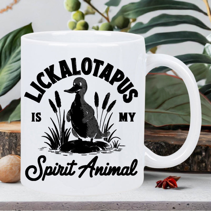 Tailorly White Ceramic 11 oz Mug - Lickalotapus Is My Spirit Animal Black And White Hand Drawn Style Featuring A Whimsical Standing Platypus