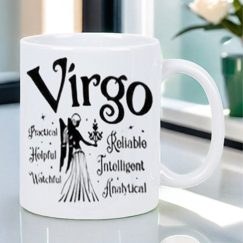 Tailorly White Ceramic 11 oz Mug - Virgo Practical Helpful Watchful Reliable Intelligent Analytical Elegant Silhouette Of Winged Woman Among Delicate Twinkling