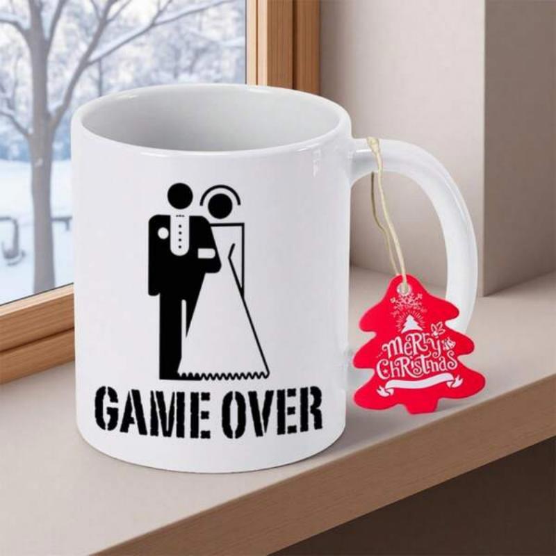 Tailorly White Ceramic 11 oz Mug - Game Over Minimalist Black Silhouette Bride And Groom Icons On Ceramic Mug