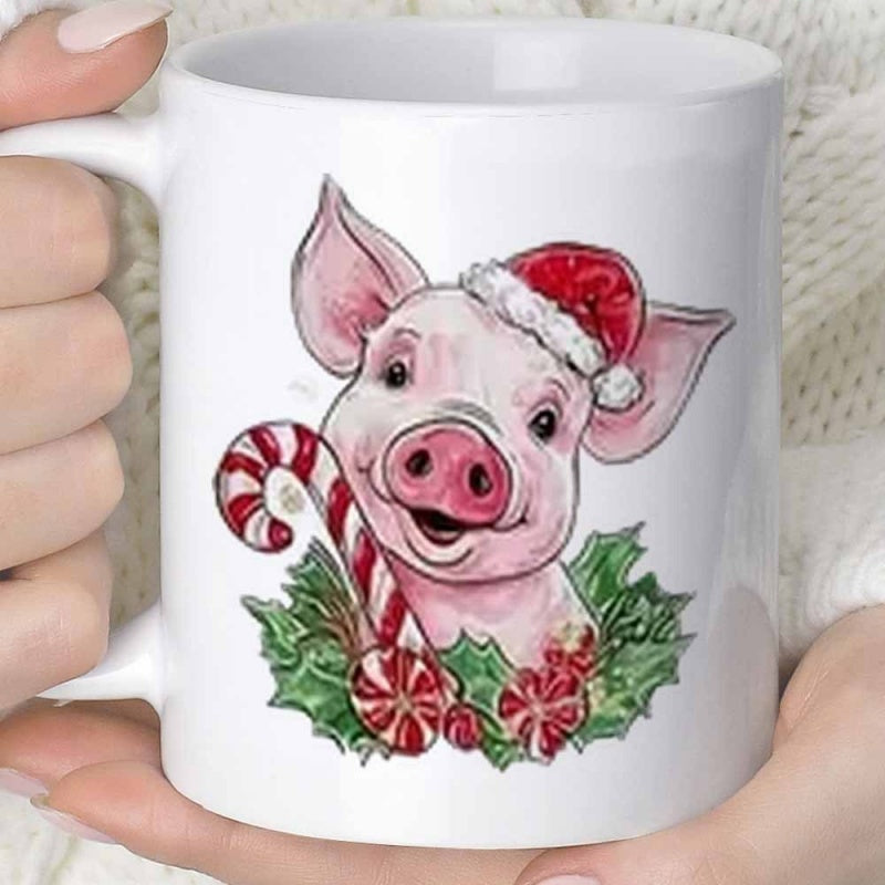 Tailorly White Ceramic 11 oz Mug - Cute Pink Animal Wearing Santa Hat And Holding Festive Candy Cane Pig