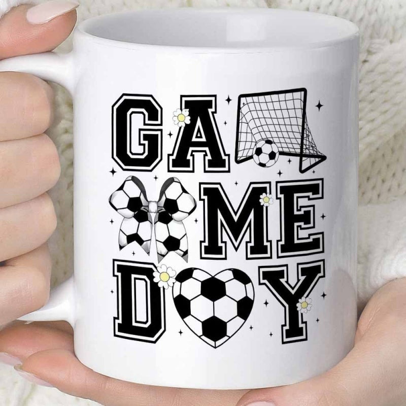 Tailorly White Ceramic 11 oz Mug - Game Day Athletic Spirit Featuring A Soccer Goal Bow And Heart Shaped Soccer