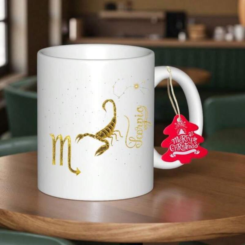 Tailorly White Ceramic 11 oz Mug - Scorpio Golden Astrological Symbol Among Sparkling Stars And A Detailed Scorpion