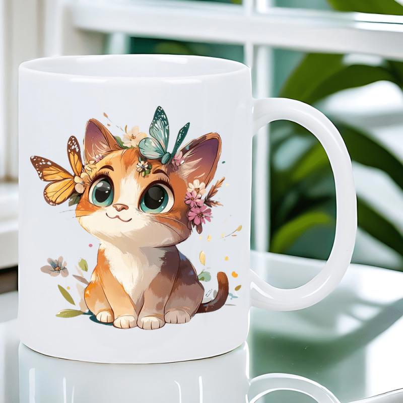 Tailorly White Ceramic 11 oz Mug - Adorable Cartoon Kitten With Fluttering Butterflies And Small Colorful Flowers Cat