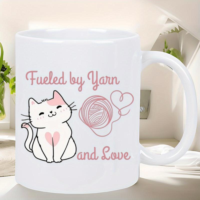 Tailorly White Ceramic 11 oz Mug - Fueled By Yarn And Love Adorable Smiling Cartoon Kitten Beside A Heart Shaped Pink Yarn Ball Cat