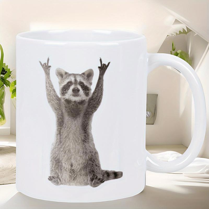 Tailorly White Ceramic 11 oz Mug - Realistic Fluffy Raccoon Sitting With Paws Raised In Rebellious Spirited Gesture Raccoon