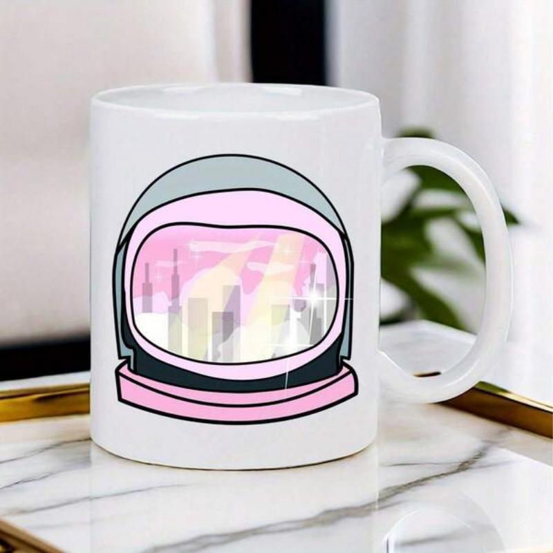 Tailorly White Ceramic 11 oz Mug - Pink Astronaut Helmet Reflecting A Soft City Skyline At Sunset Helmet