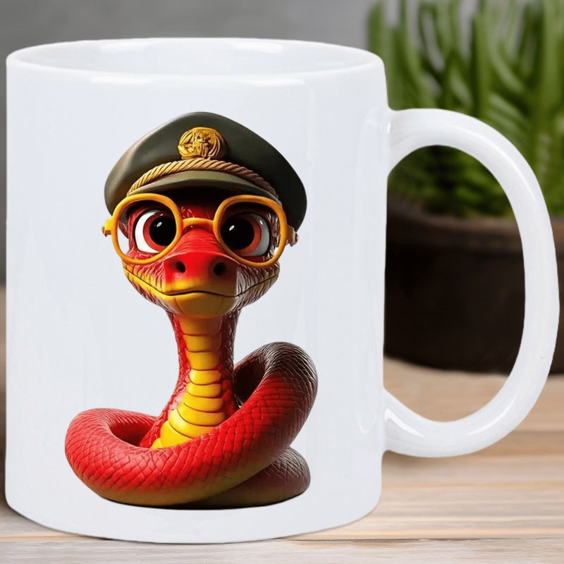 Tailorly White Ceramic 11 oz Mug - Vibrant Red Coiled Cartoon Character Wearing Military Hat And Round Glasses Snake