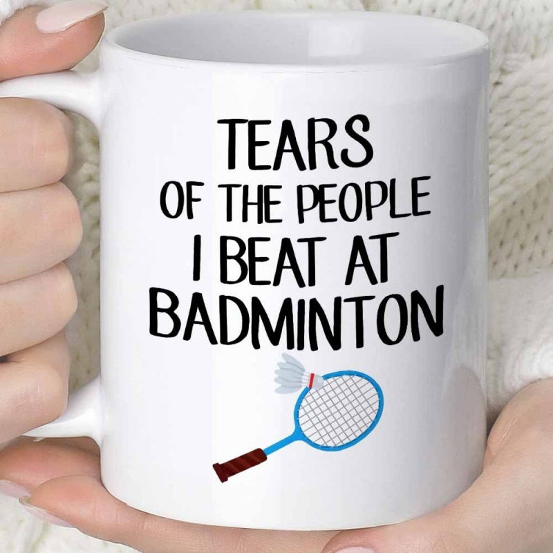 Tailorly White Ceramic 11 oz Mug - Tears Of The People I Beat At Badminton Minimalistic Blue Racket With A White Shuttlecock Flying Through The Air Racket