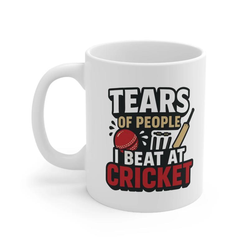 Tailorly White Ceramic 11 oz Mug - Tears Of People I Beat At Cricket Stylized Sporting Equipment Featuring A Red Ball And Wooden Bat Cricket