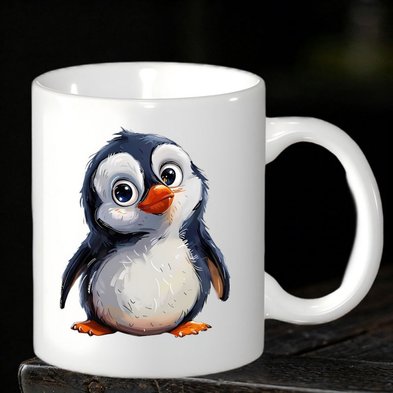 Tailorly White Ceramic 11 oz Mug - Adorable Small Cartoon Penguin With Big Sparkling Eyes And Soft Blue Feathers Penguin