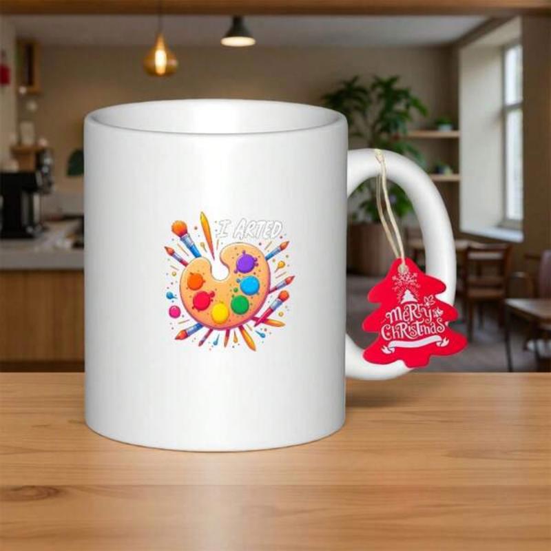 Tailorly White Ceramic 11 oz Mug - Merry Christmas Colorful Artistic Tools With Painted Brushes And Vibrant Splatters Palette