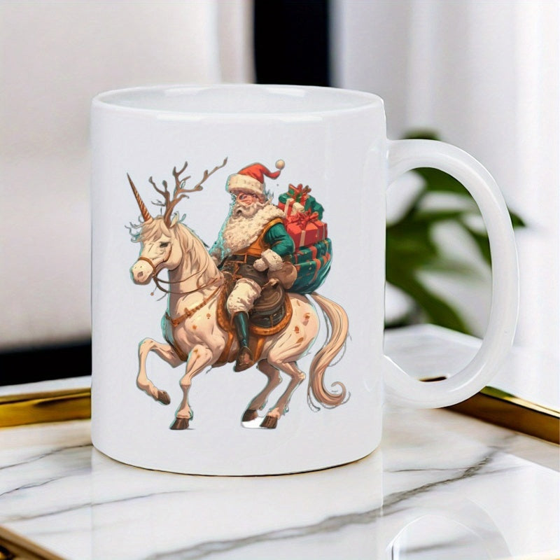 Tailorly White Ceramic 11 oz Mug - Santa Riding A Majestic Antlered Creature With Festive Christmas Gift Bag Reindeer