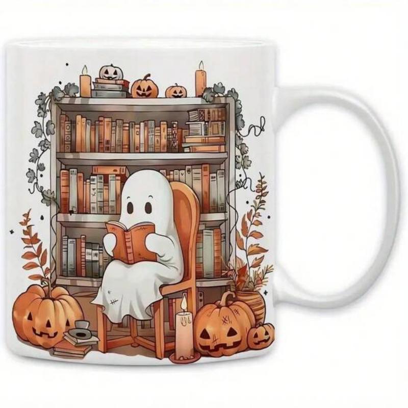 Tailorly White Ceramic 11 oz Mug - Charming Halloween Scene Of Cute Reading Spirit Beside Rustic Bookshelf Ghost