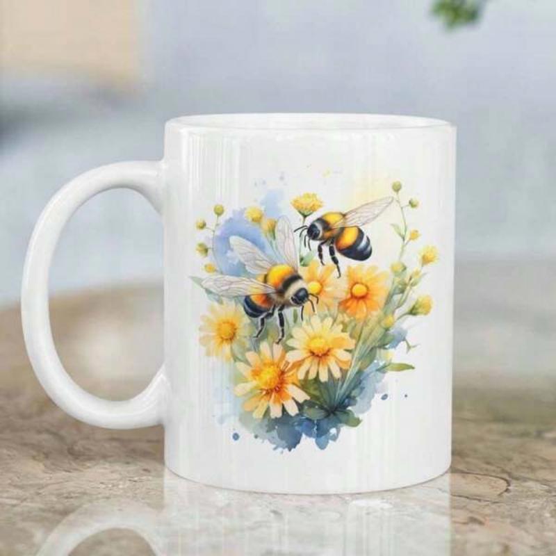 Tailorly White Ceramic 11 oz Mug - Watercolor Style Golden Honeybees Hovering Among Vibrant Yellow Flowers Bee