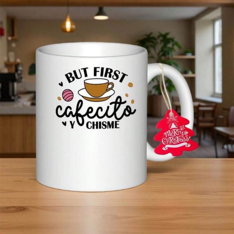 Tailorly White Ceramic 11 oz Mug - But First Warm Steaming Coffee Cup With Hearts And Delicate Dot Accents Cup