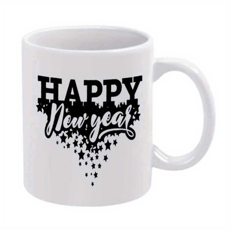 Tailorly White Ceramic 11 oz Mug - Happy New Year Festive City Silhouette With Twinkling Cascading Stars Celebrating Skyline