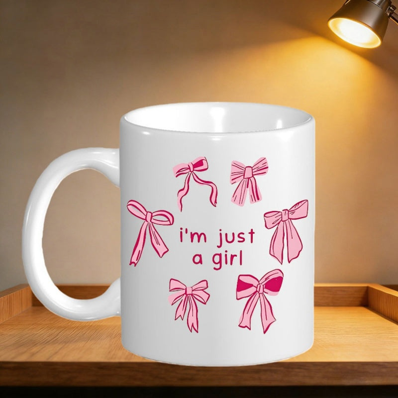 Tailorly White Ceramic 11 oz Mug - Im Just A Girl Delicate Pink Hand Drawn Bows Floating In A Decorative Circle Ribbon