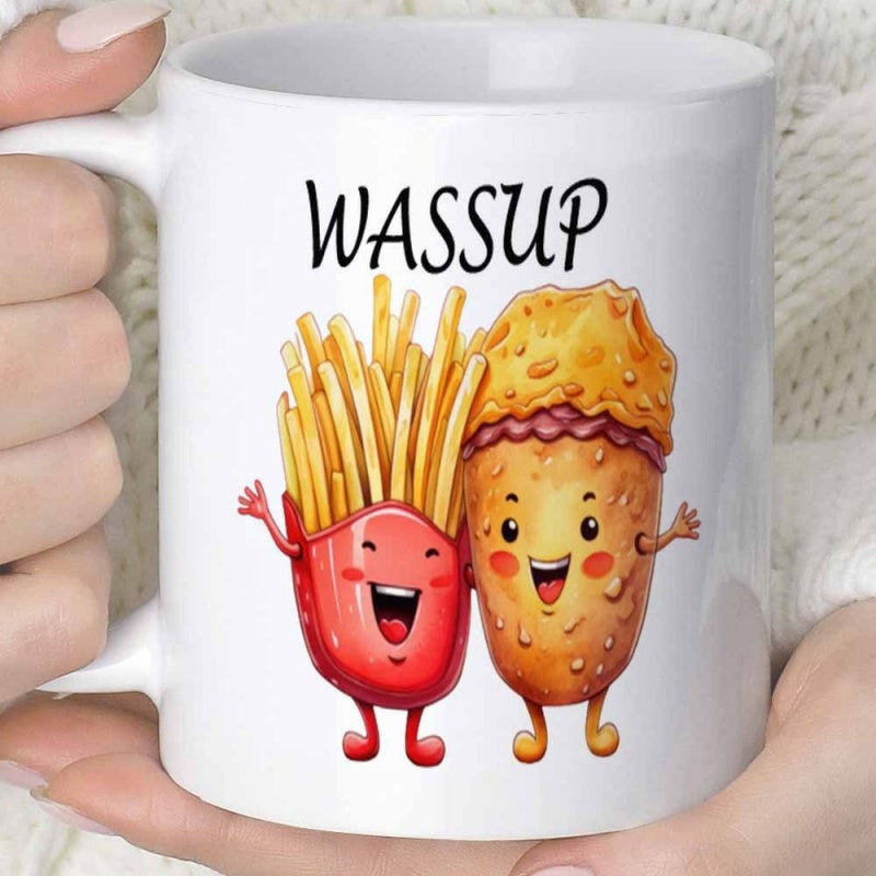 Tailorly White Ceramic 11 oz Mug - Wassup Cartoon French Fries And Corn Dog Standing Together Happily Snack