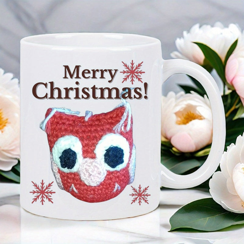 Tailorly White Ceramic 11 oz Mug - Merry Christmas Festive Handcrafted Red Crochet Owl Face With Snowflake Patterns Under Seasonal Greetings Owl