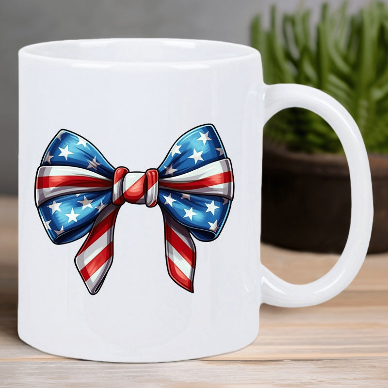 Tailorly White Ceramic 11 oz Mug - American Flag Stars And Stripes Pattern Patriotic Holiday Theme Bowknot