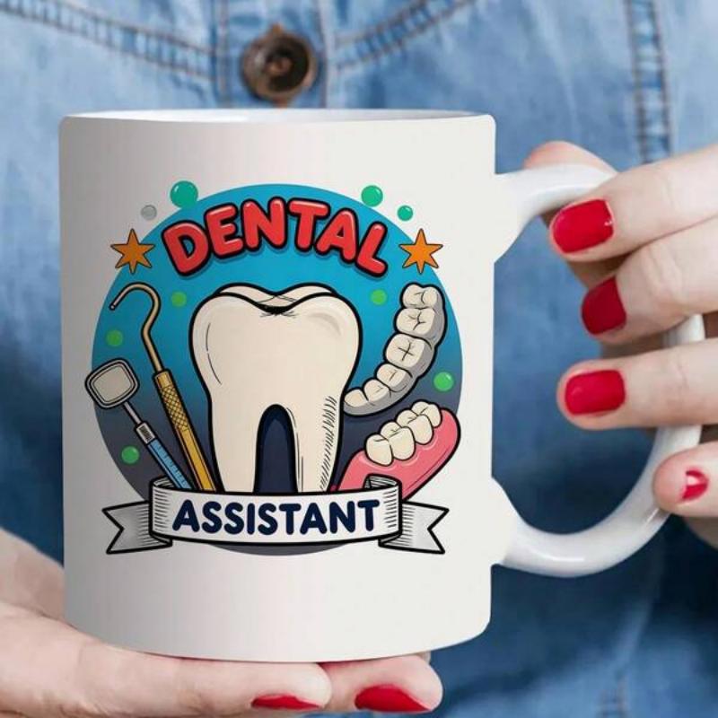 Tailorly White Ceramic 11 oz Mug - Dental Assistant Cartoon Style With Professional Dental Tools And Vibrant Colorful Decorative Elements Tooth