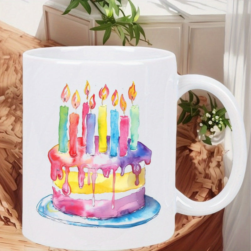 Tailorly White Ceramic 11 oz Mug - Colorful Watercolor Birthday Celebration With Melting Frosting And Glowing Lit Candles Cake