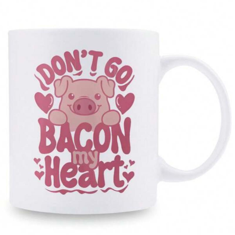 Tailorly White Ceramic 11 oz Mug - Don't Go Bacon My Heart Adorable Pink Piglet Peeking Through Hearts With Stylized Retro Typography Pig