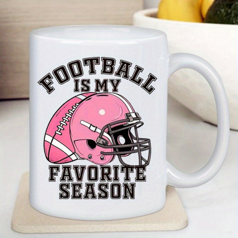 Tailorly White Ceramic 11 oz Mug - Football Is My Favorite Season Vibrant Pink Helmet And Ball Among Bold Sporting Style Varsity Text Helmet