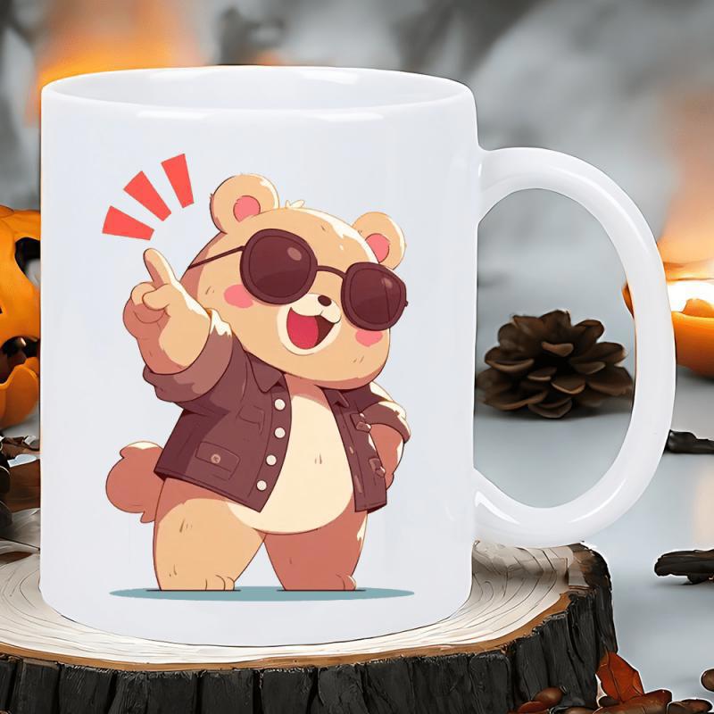 Tailorly White Ceramic 11 oz Mug - Cool Smiling Teddy Bear Wearing Sunglasses And A Stylish Brown Jacket Bear