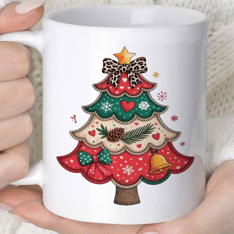 Tailorly White Ceramic 11 oz Mug - Festive Layered Pattern With Leopard Bow And Pinecones Among Small Snowflakes Tree