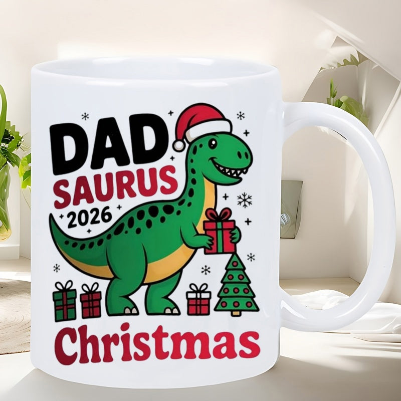 Tailorly White Ceramic 11 oz Mug - Dad Saurus 2026 Christmas Green Cartoon Festive T Rex Wearing Red Santa Hat Holding Gift Dinosaur