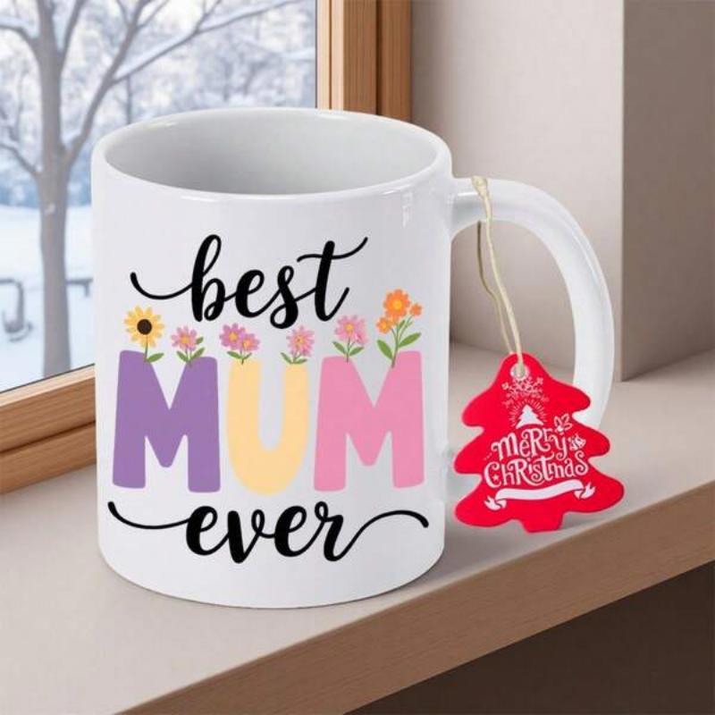 Tailorly White Ceramic 11 oz Mug - Best Mum Ever Vibrant Colorful Letters Blooming With Delicate Garden Flowers And Elegant Script Mug
