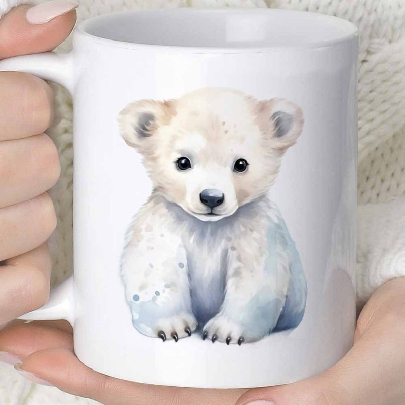 Tailorly White Ceramic 11 oz Mug - Adorable Watercolor Painting Of A Fluffy White Arctic Cub Sitting Polar Bear