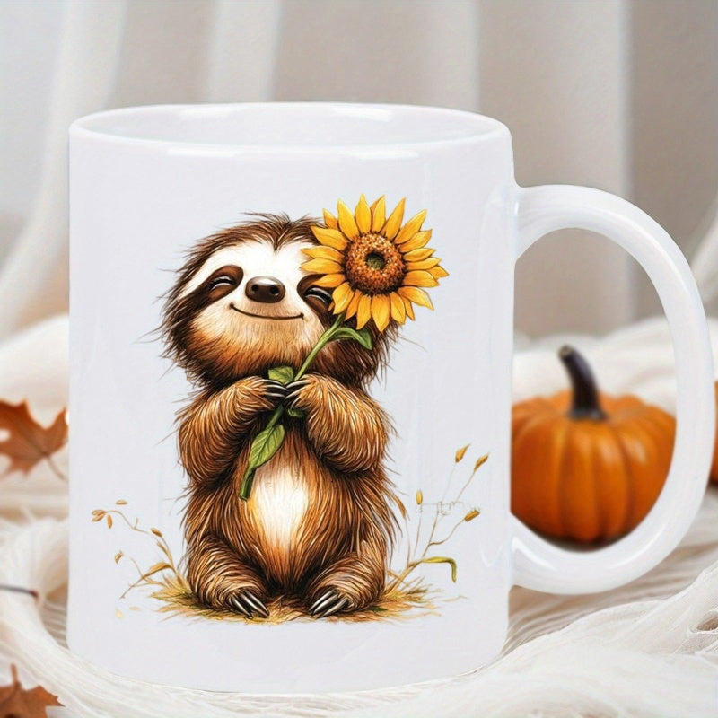 Tailorly White Ceramic 11 oz Mug - Adorable Smiling Brown Furry Sloth Holding A Radiant Yellow Sunflower Sloth