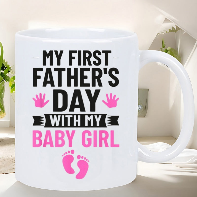 Tailorly White Ceramic 11 oz Mug - My First Fathers Day With My Baby Girl Pink Little Handprints And Tiny Baby Footprints With Decorative Elegant Black Ribbon Mug