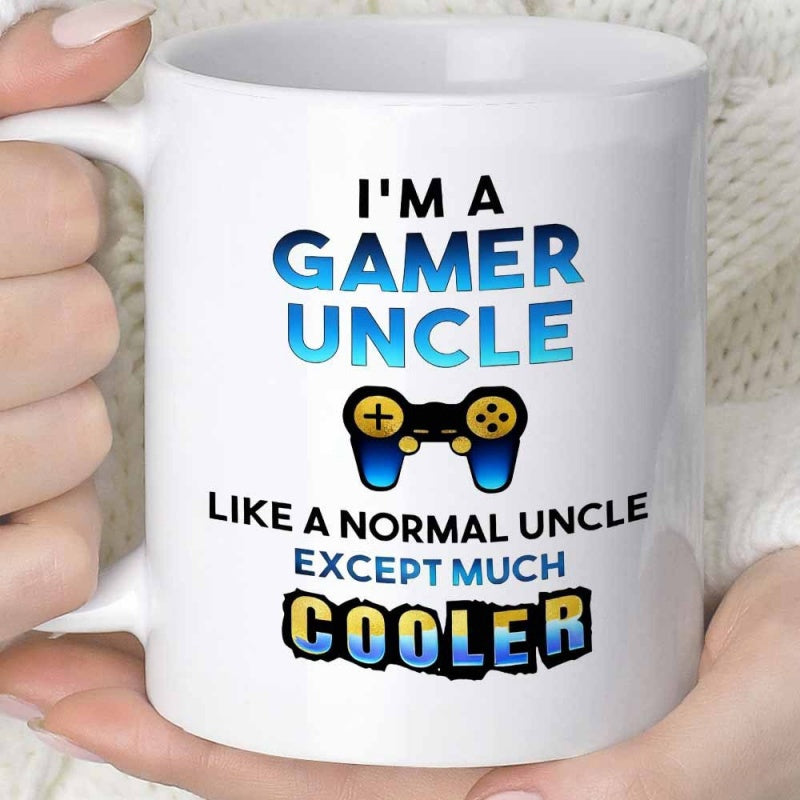 Tailorly White Ceramic 11 oz Mug - Im A Gamer Uncle Like A Normal Uncle Except Much Cooler Bold Black Handheld Remote With Glowing Blue Gradient Highlights