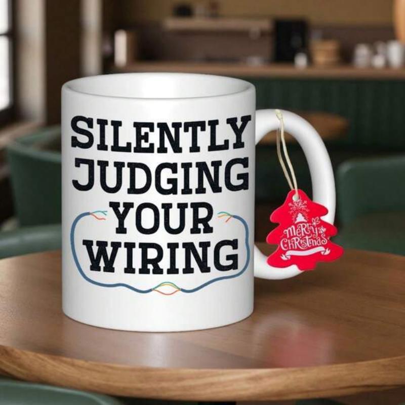 Tailorly White Ceramic 11 oz Mug - Silently Judging Your Wiring Minimalist Blue Electrical Wires Circuit Lines Design On A Plain Background Mug
