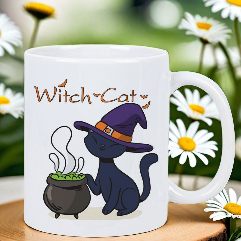 Tailorly White Ceramic 11 oz Mug - Witch Cat Adorable Black Kitten Wearing Purple Hat Beside Bubbling Green Magical Cauldron Cat