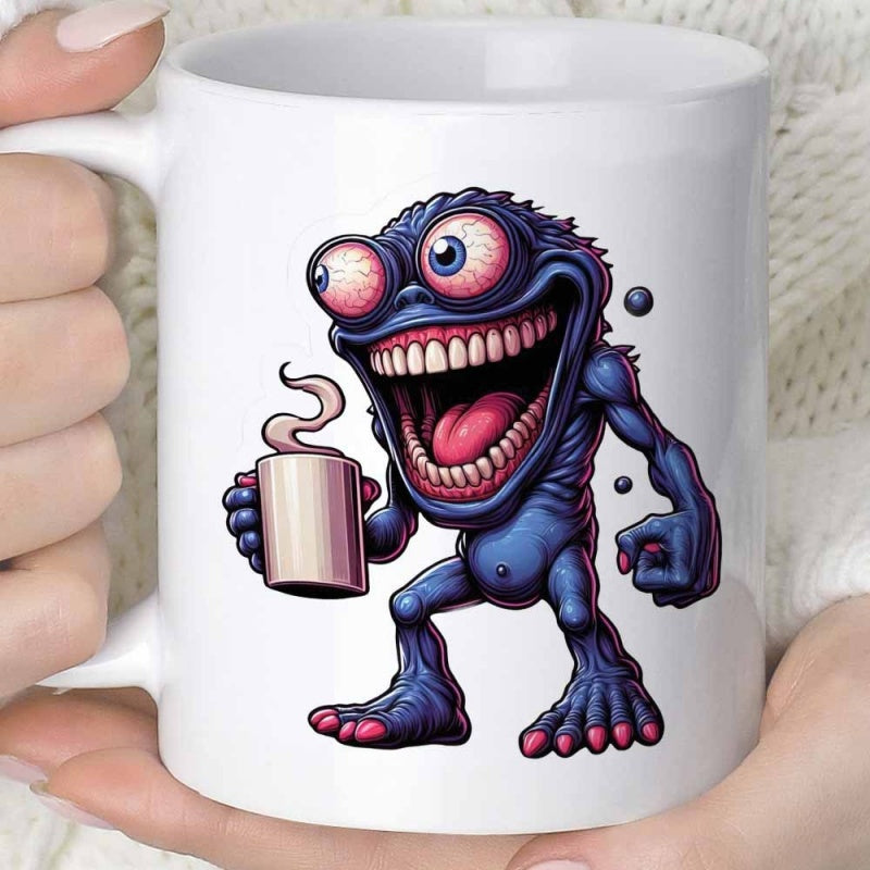 Tailorly White Ceramic 11 oz Mug - Wild Grinning Blue Creature Holding A Steaming Cup Of Hot Coffee Monster