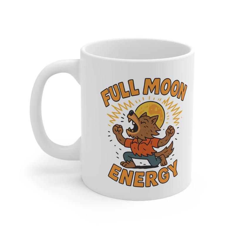 Tailorly White Ceramic 11 oz Mug - Full Moon Energy Fierce Cartoon Monster Crying Out Loud Under A Glowing Golden Night Moon Werewolf