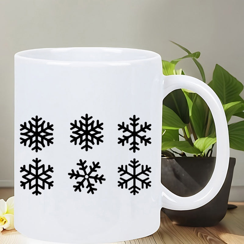 Tailorly White Ceramic 11 oz Mug - Symmetrical Grid Of Minimalist Black Winter Symbols On White Surface Snowflake