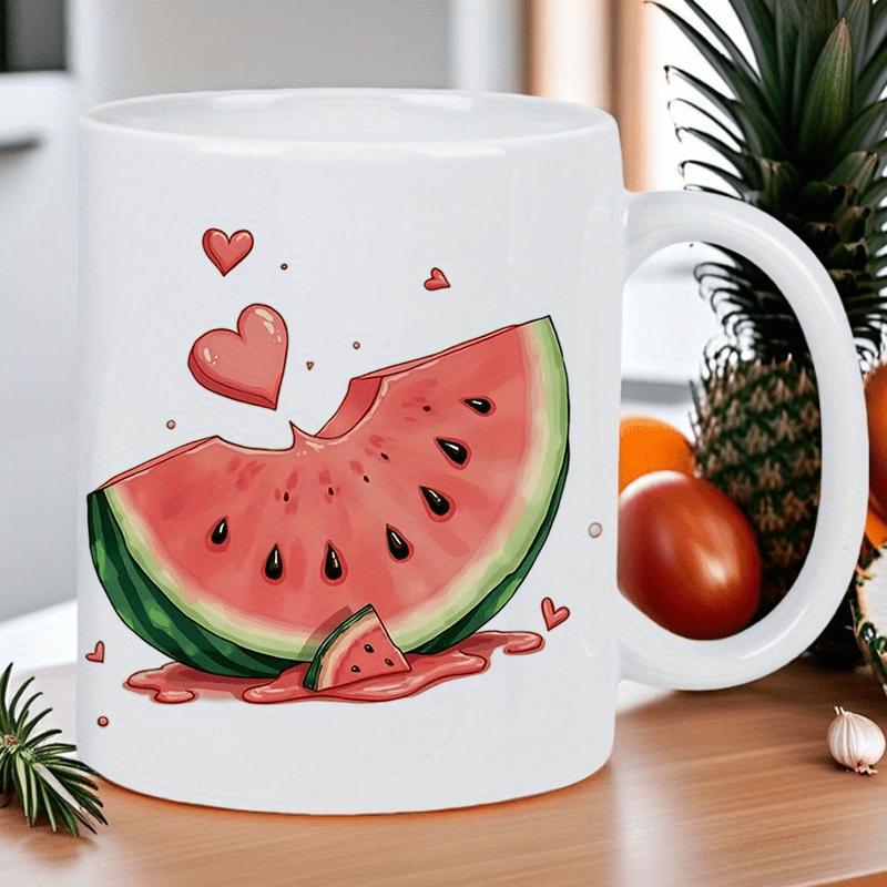 Tailorly White Ceramic 11 oz Mug - Sweet Juicy Red Sliced Fruit With Small Floating Love Hearts Watermelon
