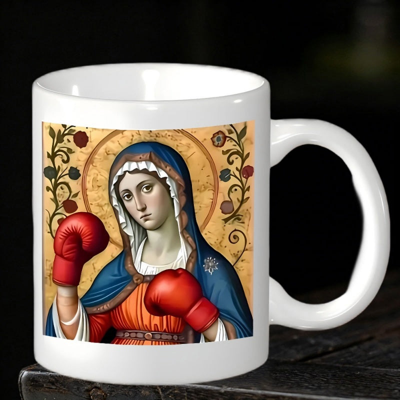 Tailorly White Ceramic 11 oz Mug - Sacred Figure Wearing Red Boxing Gloves Among Golden Floral Vines Madonna