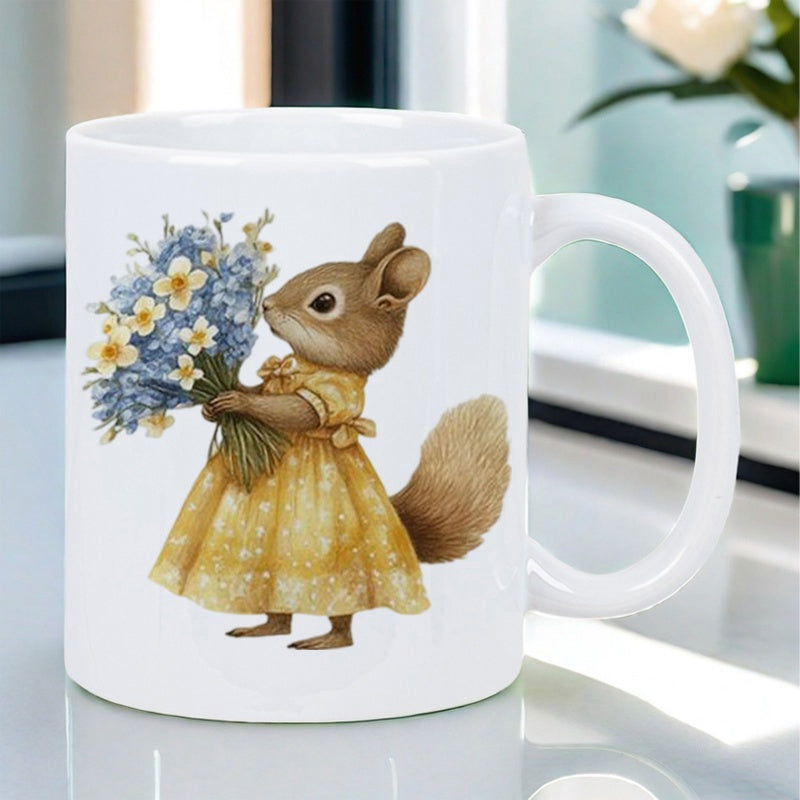 Tailorly White Ceramic 11 oz Mug - Cute Small Squirrel Wearing Yellow Floral Dress Carrying A Vibrant Flower Bouquet Squirrel