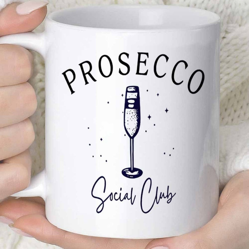 Tailorly White Ceramic 11 oz Mug - Prosecco Social Club Elegant Sparkling Wine Glass With Effervescent Floating Bubbles Glass
