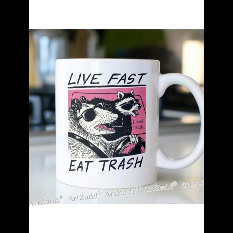 Tailorly White Ceramic 11 oz Mug - Live Fast Eat Trash Funny Raccoon And Opossum Driving A Vintage Style Car Mug