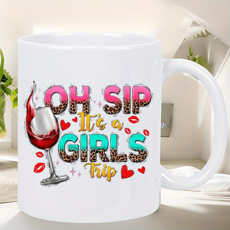 Tailorly White Ceramic 11 oz Mug - Oh Sip It's A Girl's Trip Elegant Wine Glass Surrounded By Red Lips And Leopard Pattern Glass