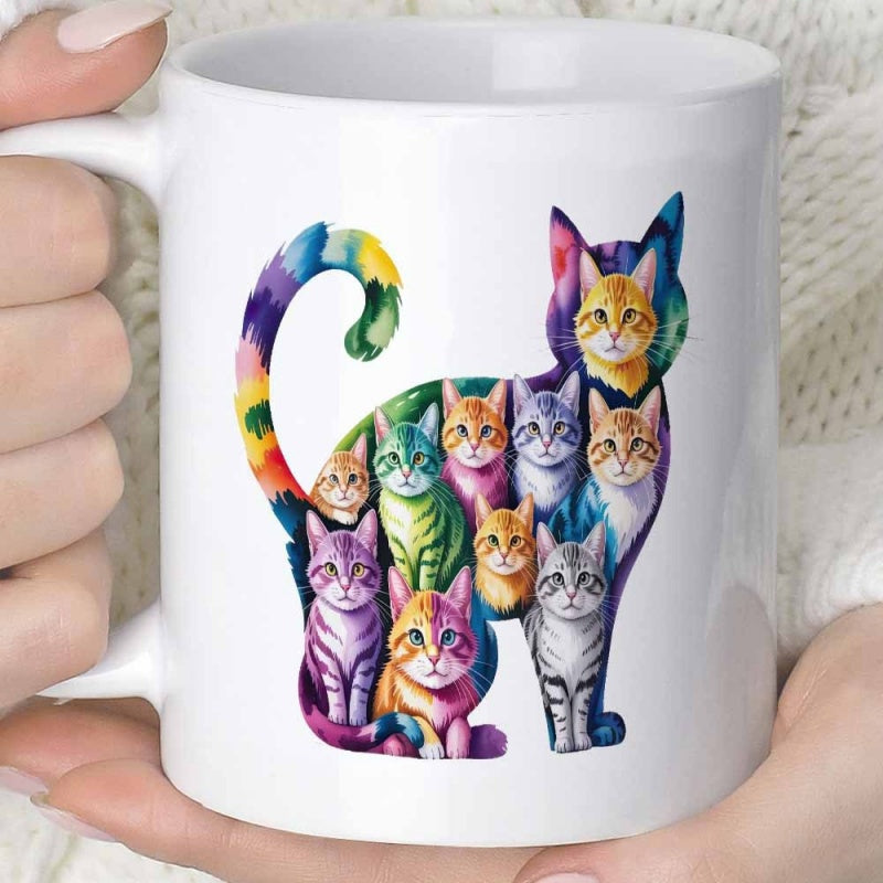 Tailorly White Ceramic 11 oz Mug - Artistic Vibrant Watercolor Silhouette Filled With Many Small Colorful Pet Cat