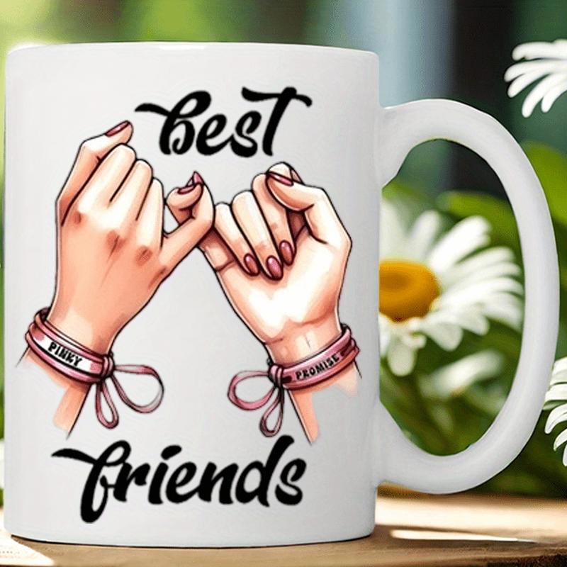 Tailorly White Ceramic 11 oz Mug - Best Friends Two Detailed Hands Hooking Little Fingers Together Wearing Pink Bracelets Hands